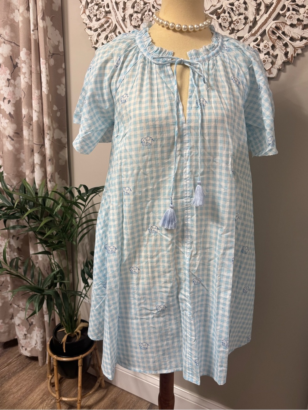 Oversized Roller Rabbit Hathi Gingham Temmy Dress Blue White Size Small S